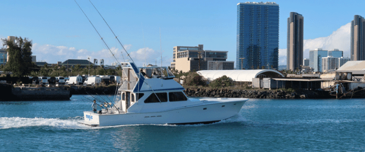 White boat on blue water near docks with city skyline and tall buildings in the background.